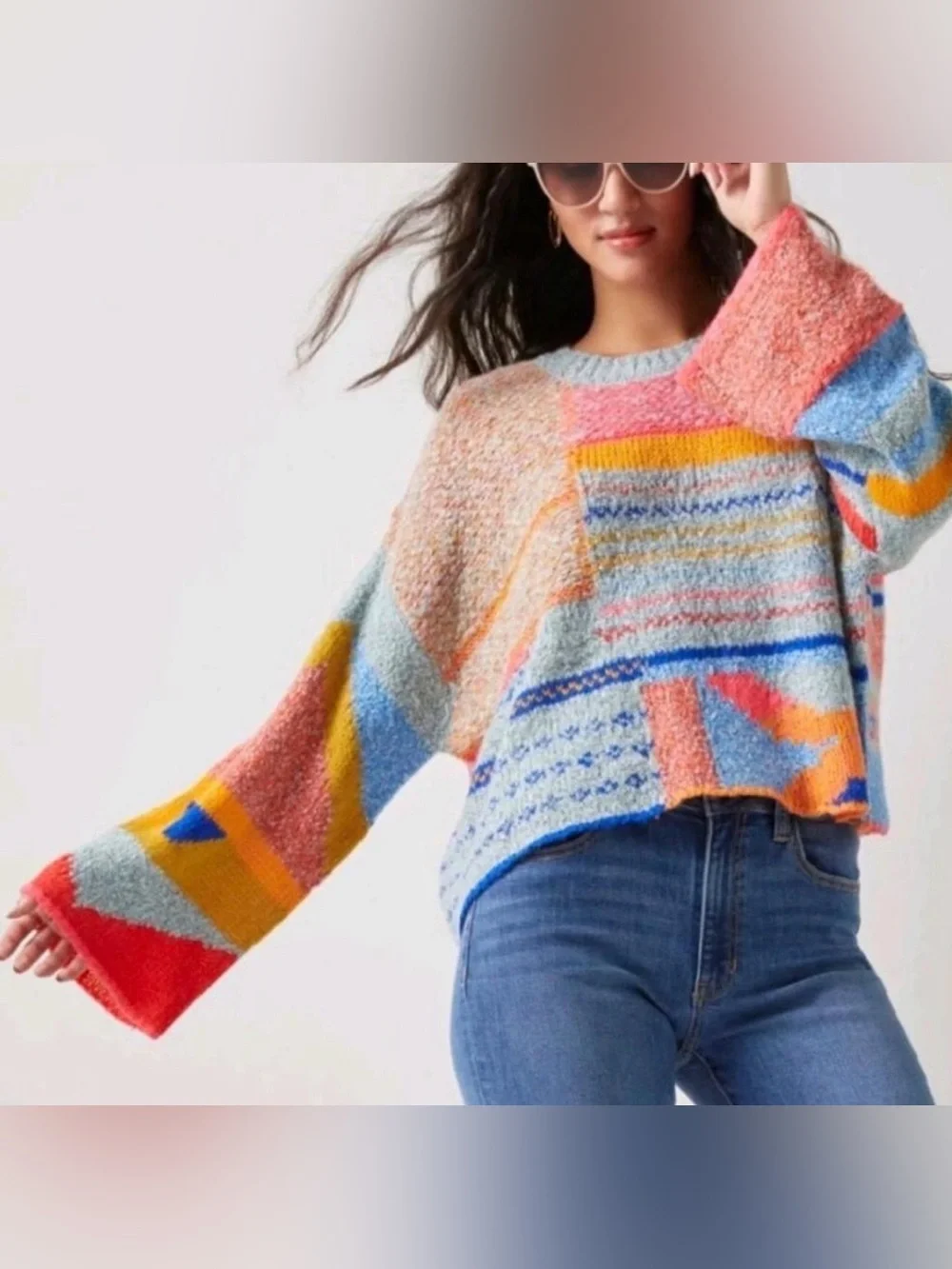Moon & Madison Colorful Playful Patchwork Oversized Knit Sweater Cozy Boho Funky - Picture 2 of 10